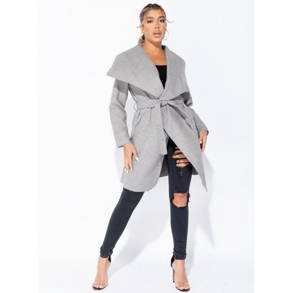 Gray Wool Blend Long Sleeve Oversized Lapel Belted Waterfall Collar Coat - Picture 2 of 8